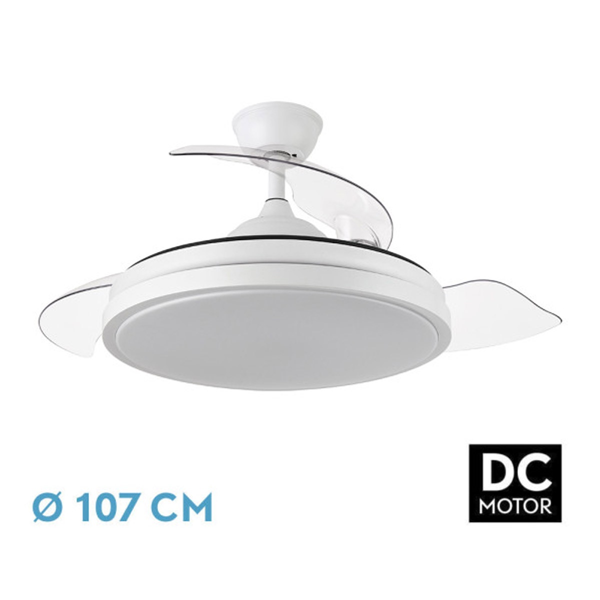 Ventilador Dc Escorpion 59w Blanco 3aspas desplegables 107d 6980lm 3000-4000-6000k Remoto+ Temporizador+ Memoria
