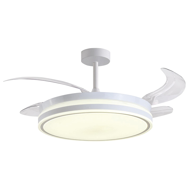 Ventilador DC TROYA blanca, 4 aspas retráctiles, 72W LED 3000|4000|6000K, Al.35xD.108/50cm